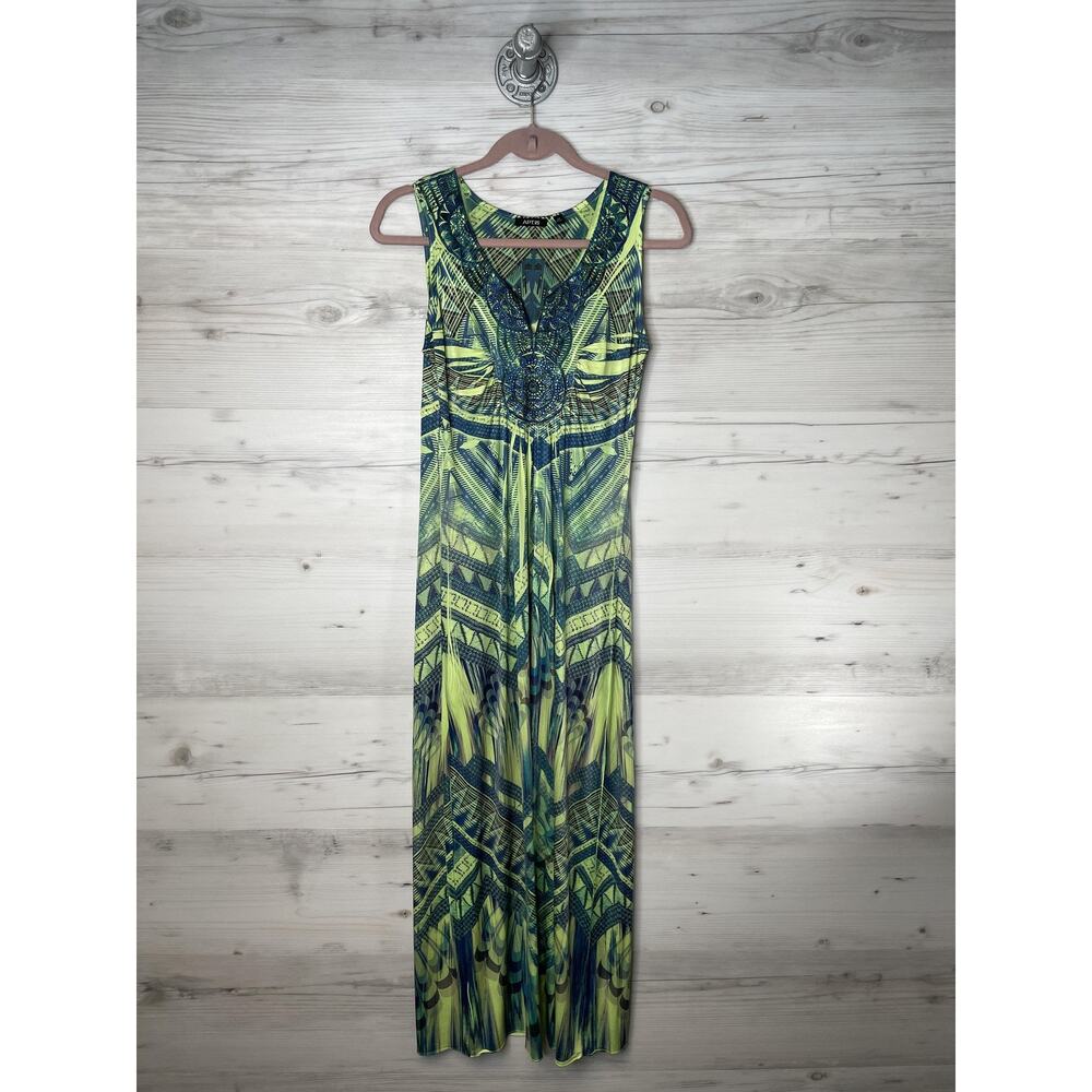 Apt 9 Womens XS Green Blue Geometric Maxi Dress Sleeveless V Neck 4270N80069